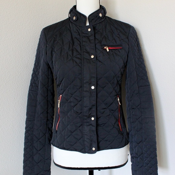 Zara Jackets & Blazers - Navy Blue & Red Zipper Detail Quilted Motorcycle Jacket